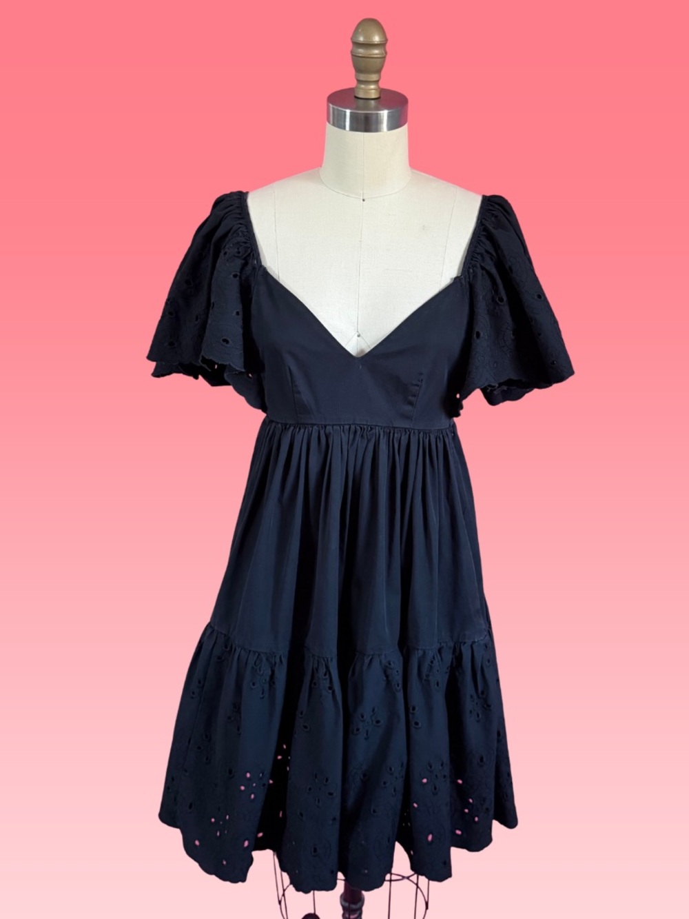 En Saison Charming Black Eyelet Empire Waist Ruffle Midi Dress Strappy Back XS